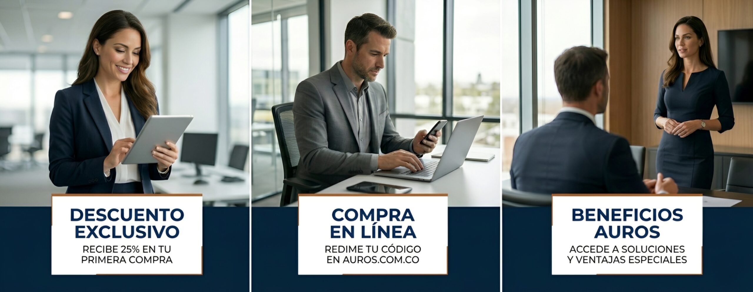 Beneficios del registro al evento AUROS con descuento exclusivo del 25%, compra en línea y ventajas espiciales.