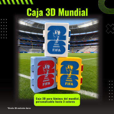 Caja 3D mundialista personalizada de AUROS para guardar láminas de fútbol, coleccionables y recuerdos de temporada mundialista