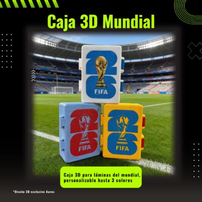 Caja 3D mundialista personalizada de AUROS para guardar láminas de fútbol, coleccionables y recuerdos de temporada mundialista