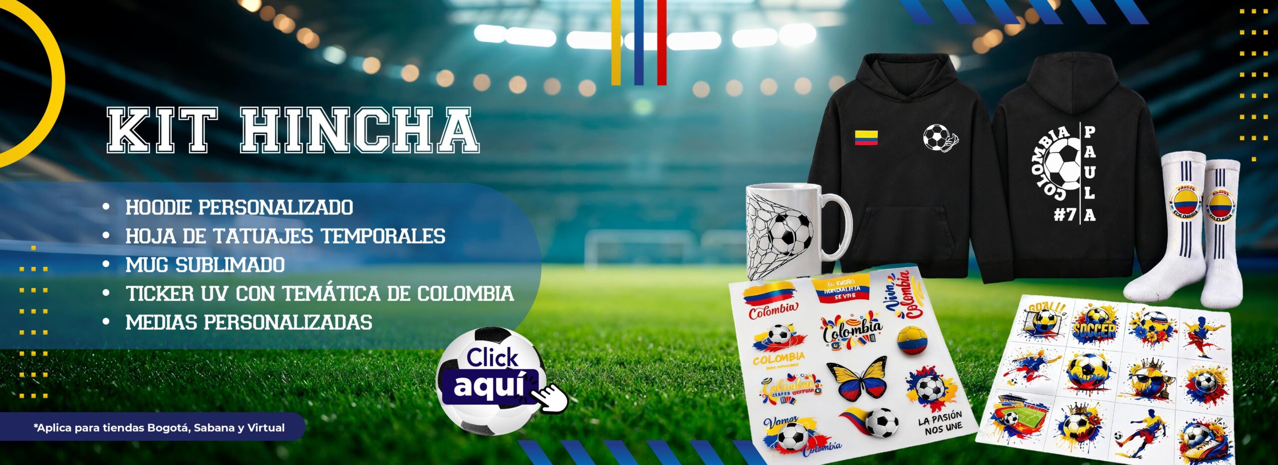 Kit hincha Colombia con hoodie, mug, medias personalizadas, stickers y tatuajes temporales en AUROS Bogotá