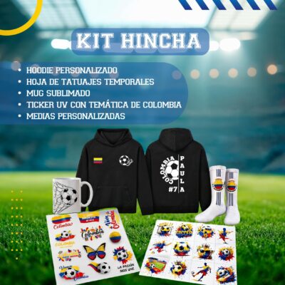 Kit hincha Colombia de AUROS con hoodie personalizado, mug sublimado, medias personalizadas y stickers con temática futbolera de Colombia