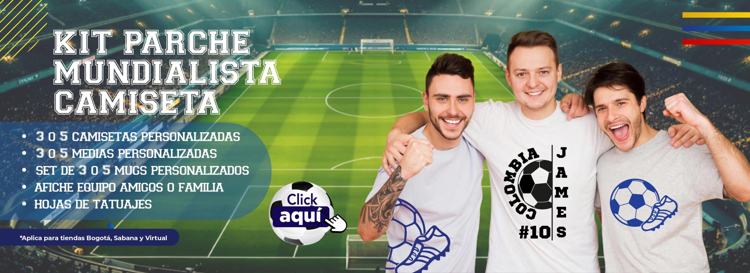 Kit parche mundialista con camiseta personalizada, medias, mugs, afiche y tatuajes en AUROS Bogotá