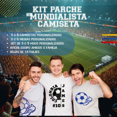 Kit parche mundialista de AUROS con camisetas personalizadas, medias, mugs, afiche de equipo y hojas de tatuajes para celebrar la temporada de fútbol