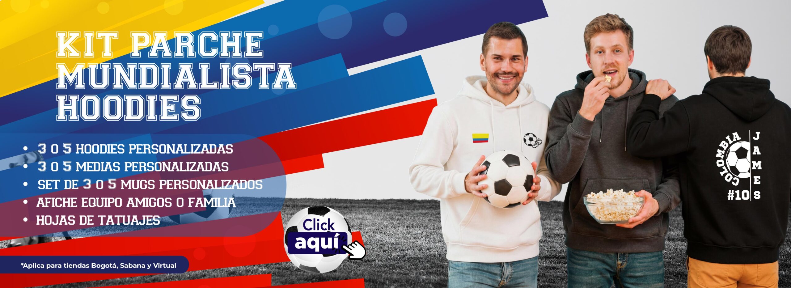 Kit parche mundialista con hoodies personalizados, medias, mugs, afiche y tatuajes en AUROS Bogotá