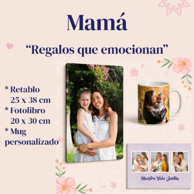 Regalos personalizados para mamá en AUROS con retablo fotográfico, fotolibro personalizado y mug con foto para el Día de la Madre