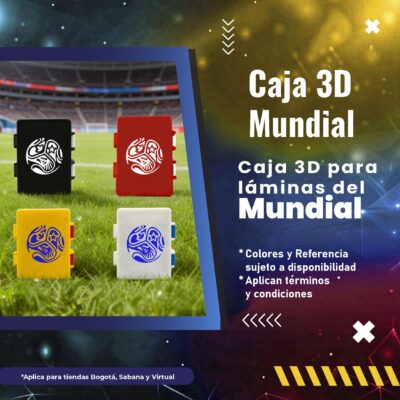 Imagen principal de la Caja 3D Mundialista AUROS para guardar láminas de fútbol del Mundial 2026, disponible en colores negro, rojo, amarillo y blanco.