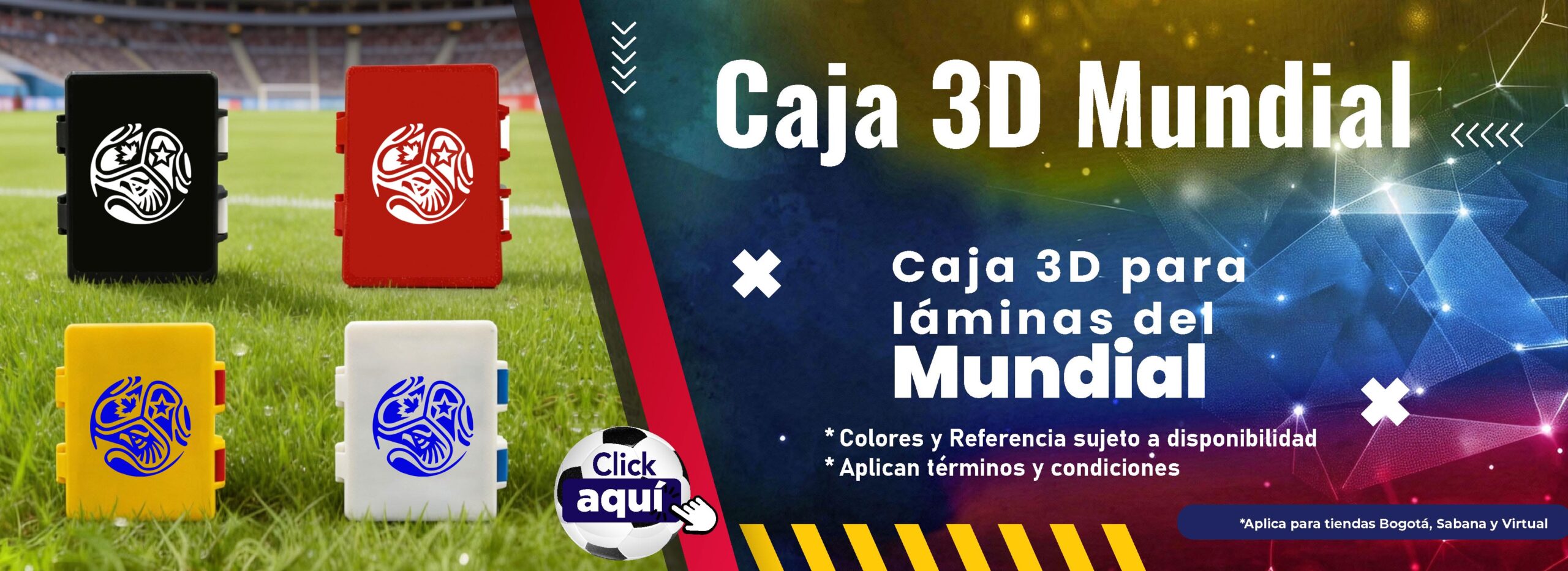 Banner de caja 3D mundialista AUROS para guardar láminas de fútbol del Mundial 2026, disponible en varios colores personalizados.