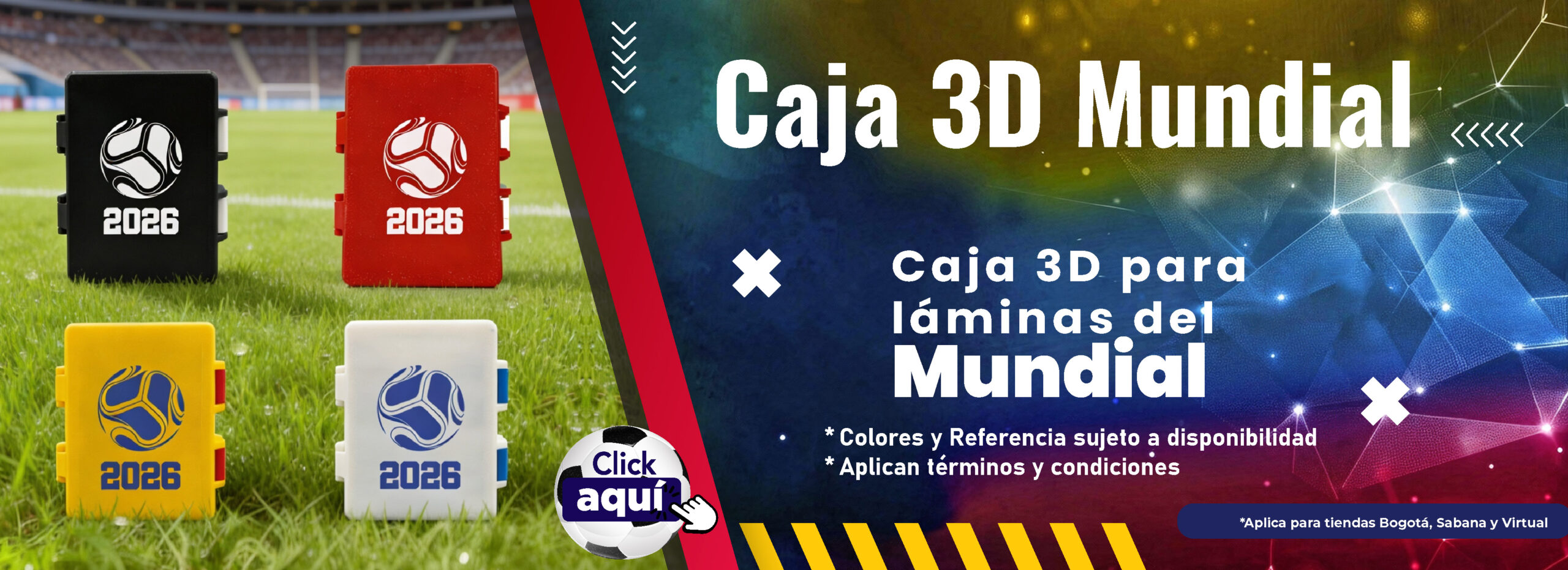 Caja 3D personalizada para guardar y organizar láminas del álbum Panini Mundial 2026 disponible en varios colores.
