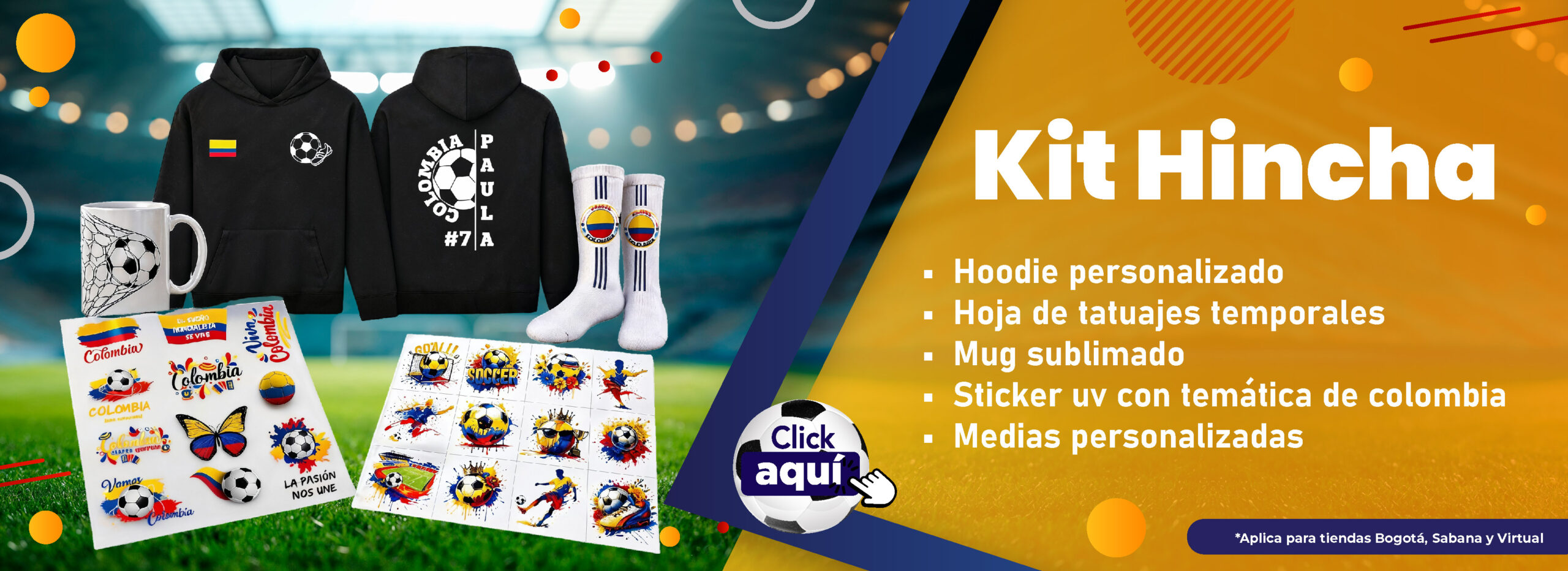 Banner de kit hincha Colombia personalizado para el Mundial 2026 con hoodie, mug sublimado, medias, stickers UV y tatuajes temporales AUROS.