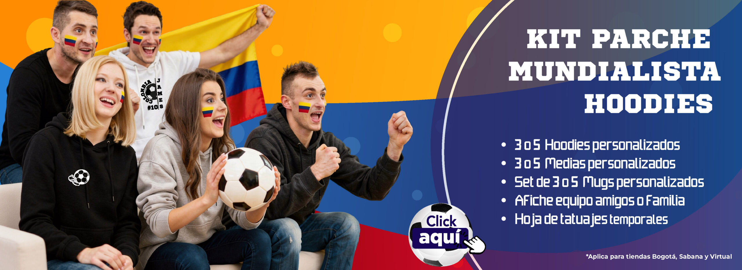 Kit mundialista personalizado con hoodies, medias, mugs, afiches y artículos promocionales para aficionados al fútbol en Colombia.