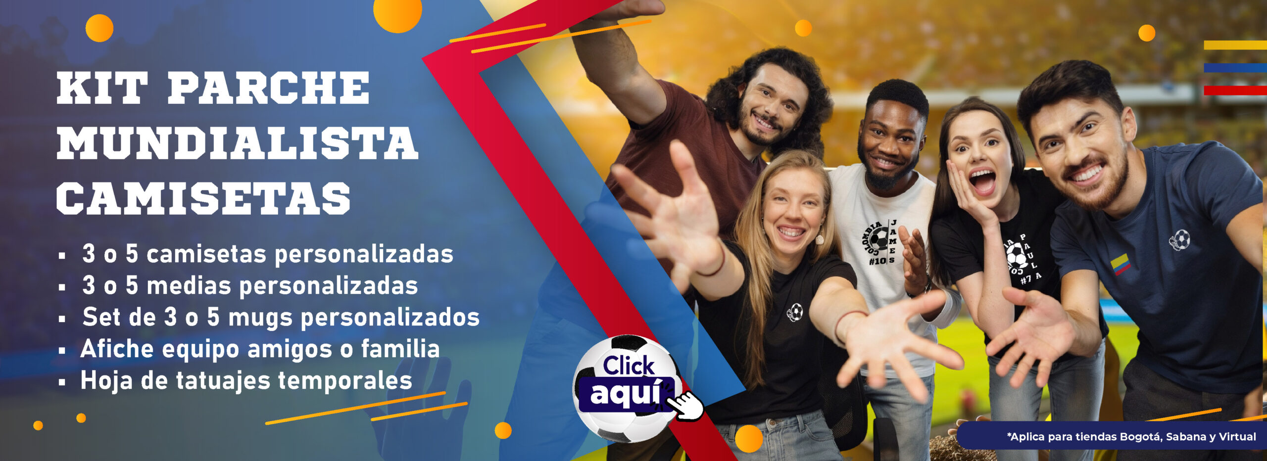 Banner de kit parche mundialista AUROS con camisetas personalizadas, medias, mugs, afiche de equipo y tatuajes temporales para la temporada del Mundial 2026.