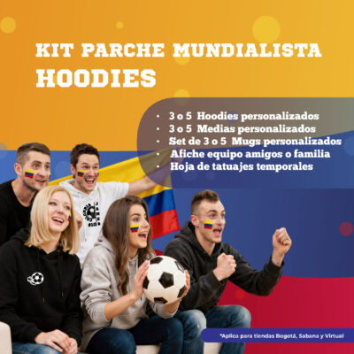 Banner de Kit Parche Mundialista con hoodies personalizados, medias, mugs, afiche de equipo y tatuajes temporales para el Mundial 2026 en AUROS.
