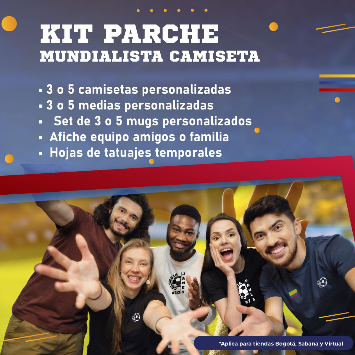 Post promocional de Kit Parche Mundialista con camisetas personalizadas, medias, mugs, afiche de equipo y tatuajes temporales para el Mundial 2026 en AUROS.