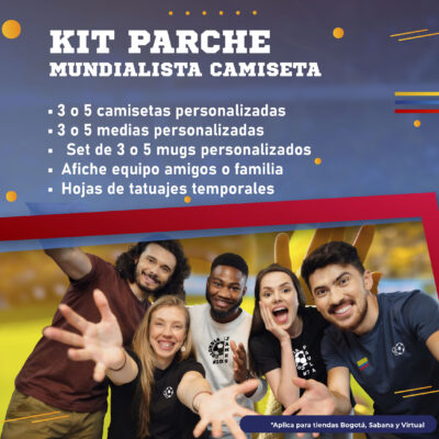 Post promocional de Kit Parche Mundialista con camisetas personalizadas, medias, mugs, afiche de equipo y tatuajes temporales para el Mundial 2026 en AUROS.