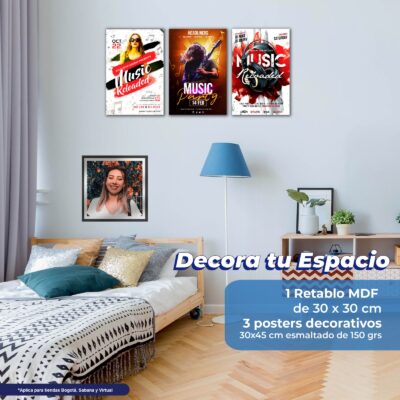 Dormitorio decorado con retablo MDF 30x30 y tres pósteres decorativos 30x45 del Kit Decora tu Espacio