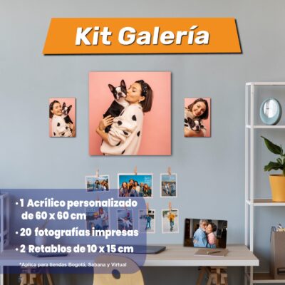 Kit Galería Personalizada con acrílico 60x60, 20 fotografías impresas y 2 retablos de 10x15 cm